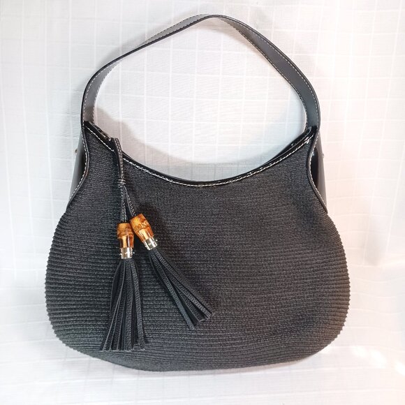 Vintage Talbots Black Wicket Basket Weave Bamboo Tassel Hobo Shoulder Bag - Picture 1 of 9